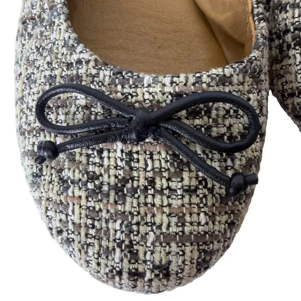 Lucky Brand Emmie Ballet Flats Sz 9 Tweed/Boucle Brown/Cream Bow Detail